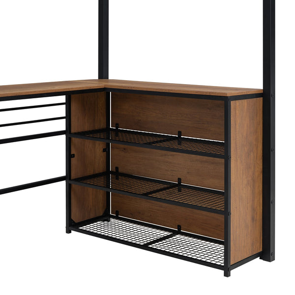 English Elm Twin Metal Loft Bed with L-Shaped Desk, 3-Tier Shelving, Sturdy Ladder & Space-Saving Design Black SF000079AAB