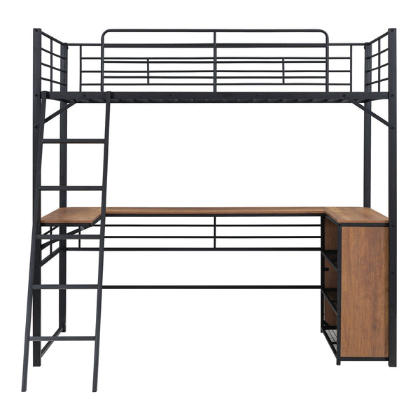English Elm Twin Metal Loft Bed with L-Shaped Desk, 3-Tier Shelving, Sturdy Ladder & Space-Saving Design Black SF000079AAB