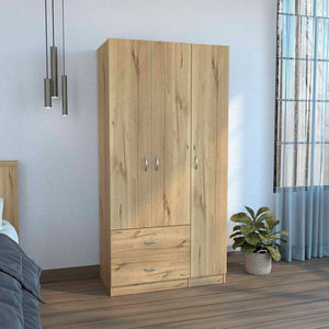 English Elm Three Door Armoire Clark — Spacious Light Oak Engineered Wood Closet with Drawers, Shelves & Rod for Organized Bedrooms B092S00208