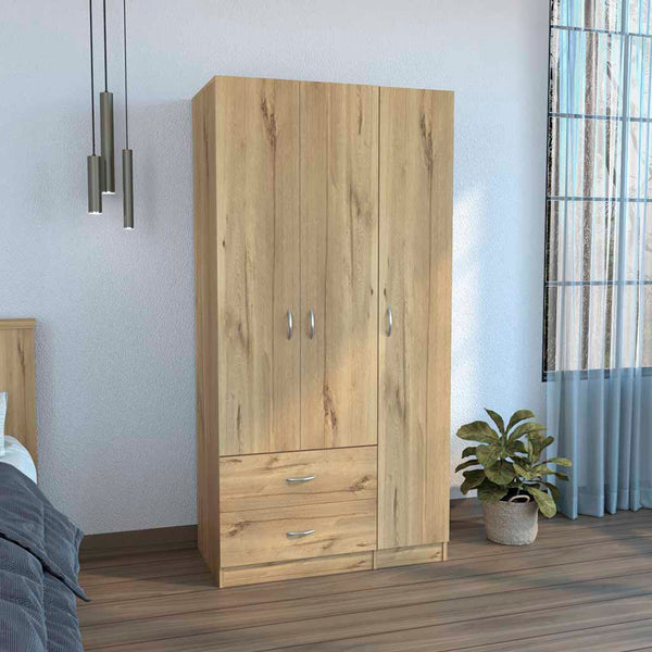 English Elm Three Door Armoire Clark — Spacious Light Oak Engineered Wood Closet with Drawers, Shelves & Rod for Organized Bedrooms B092S00208