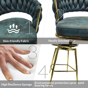 English Elm 26" Suede Woven Bar Chair Set of 2 - Blue Technical Leather 360° Swivel, Gold Legs, Counter Height Comfort W2189132047