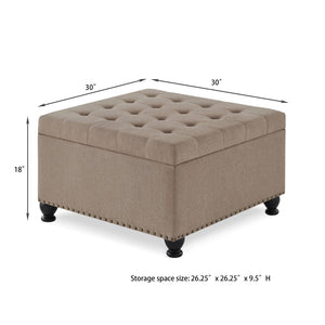 English Elm Large Tufted Faux Leather Storage Ottoman with Brass Nail Trim and Spindle Legs Linen W2186142956