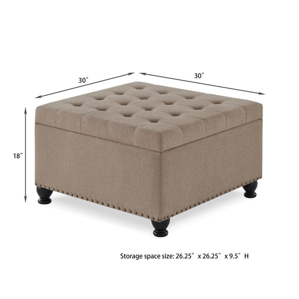 English Elm Large Tufted Faux Leather Storage Ottoman with Brass Nail Trim and Spindle Legs Linen W2186142956