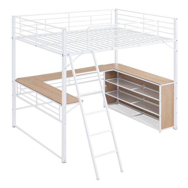 English Elm Full Metal Loft Bed with L-Shaped Desk, 3-Tier Shelving, Sturdy Ladder & Space-Saving Design for Teens and Adults White SF000080AAK