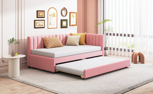 English Elm Upholstered Twin Daybed with Roll-out Trundle Linen Sofa Frame for Guest Rooms Pink LP000171AAH