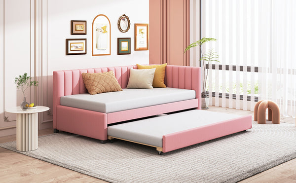 English Elm Upholstered Twin Daybed with Roll-out Trundle Linen Sofa Frame for Guest Rooms Pink LP000171AAH