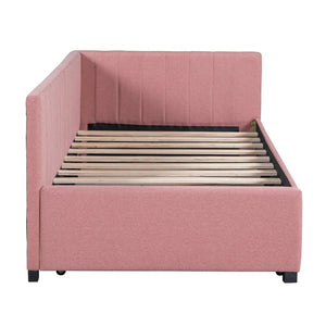 English Elm Upholstered Twin Daybed with Roll-out Trundle Linen Sofa Frame for Guest Rooms Pink LP000171AAH