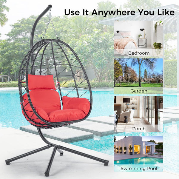 English Elm Egg Modern Rattan Hanging Swing Chair with Stand - All-Weather PE Wicker Egg Seat for Patio Comfort Red W87437580