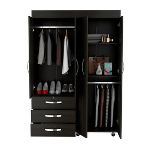 English Elm Mobile Armoire Velvet Black - 68" Engineered Wood Wardrobe with 3 Drawers, 2 Cabinets & Shelves B092S00209