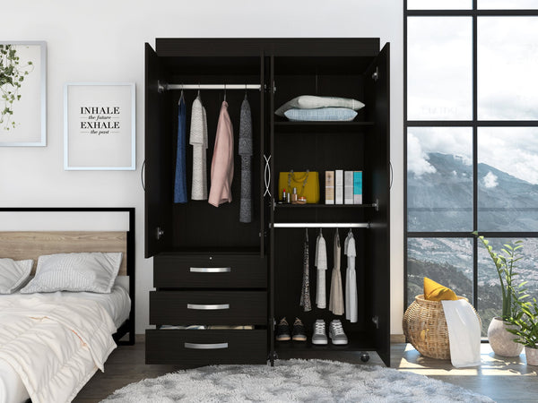 English Elm Mobile Armoire Velvet Black - 68" Engineered Wood Wardrobe with 3 Drawers, 2 Cabinets & Shelves B092S00209