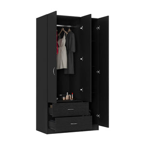 English Elm Three Door Armoire Clark Black – Tall Engineered Wood Wardrobe with Clothing Rod, 4 Shelves & 2 Drawers, 70.8"H B092S00201