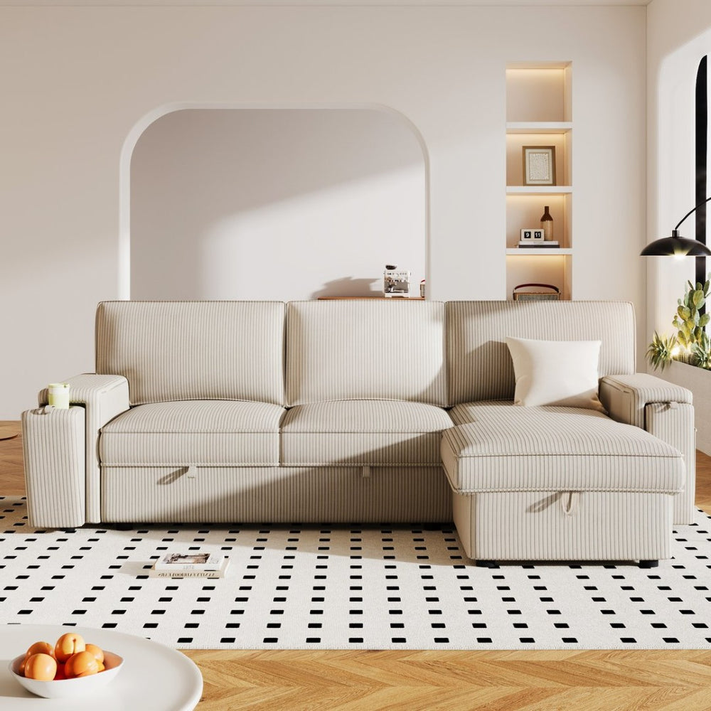 English Elm U_style Sleeper Sectional Sofa with Fold Out Twin Bed Cup Holders and Armrest Pockets Beige WY000372AAA