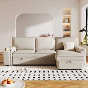 English Elm U_style Sleeper Sectional Sofa with Fold Out Twin Bed Cup Holders and Armrest Pockets Beige WY000372AAA