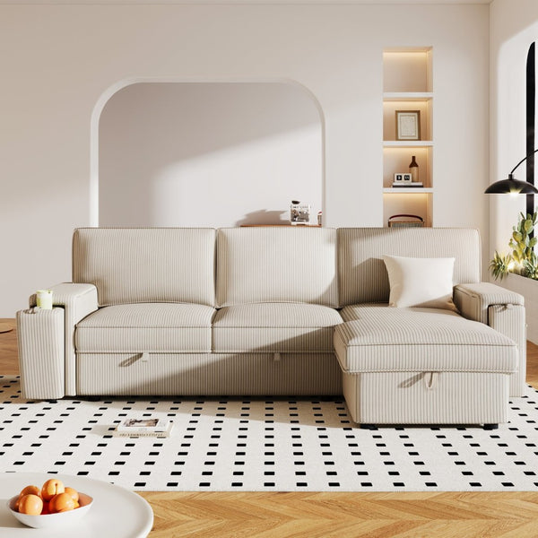 English Elm U_style Sleeper Sectional Sofa with Fold Out Twin Bed Cup Holders and Armrest Pockets Beige WY000372AAA