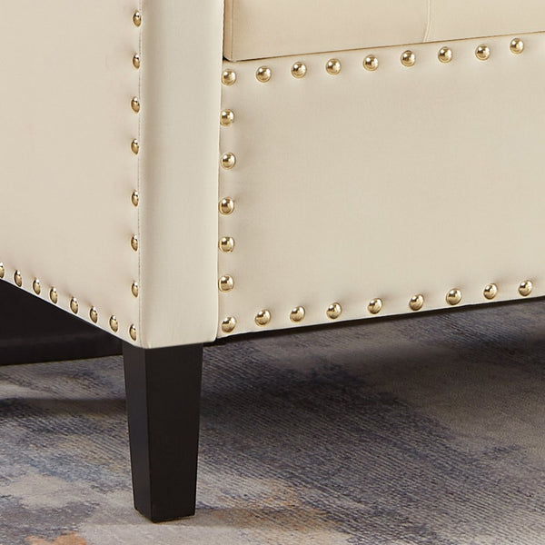 English Elm Upholstered Velvet Storage Bench Tufted Seat Nailhead Trim Armrests Entryway Bedroom Cream W2186139089