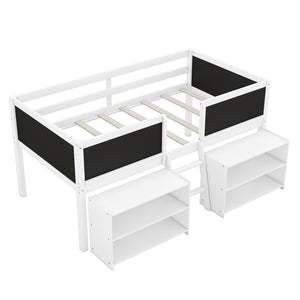 English Elm Twin Low Loft Bed with Built-In Ladder, Two Movable Shelves and Chalkboard Guardrail, Pine Frame Durable Design White WF312180AAK