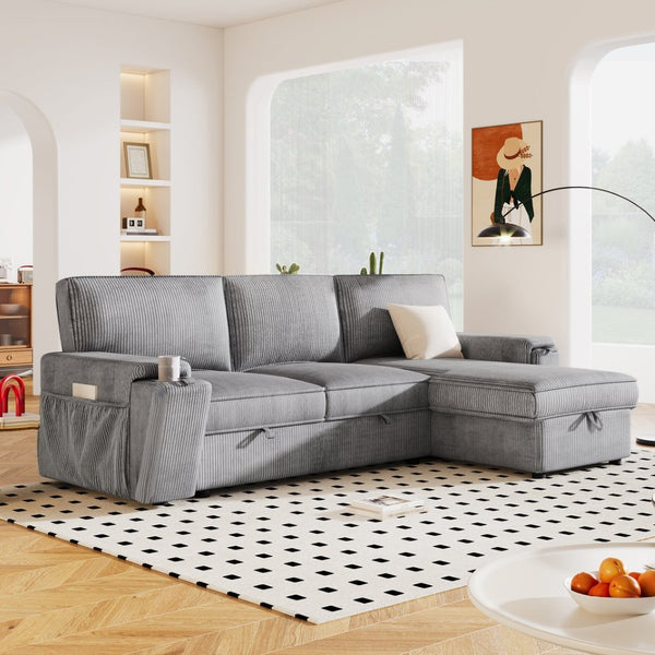 English Elm U_style Sleeper Sectional Sofa with Fold Out Twin Bed Cup Holders and Armrest Pockets Gray WY000372AAE
