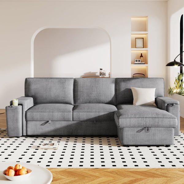 English Elm U_style Sleeper Sectional Sofa with Fold Out Twin Bed Cup Holders and Armrest Pockets Gray WY000372AAE