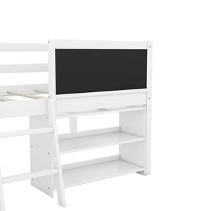 English Elm Twin Low Loft Bed with Built-In Ladder, Two Movable Shelves and Chalkboard Guardrail, Pine Frame Durable Design White WF312180AAK
