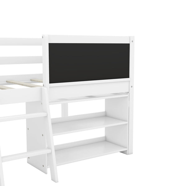 English Elm Twin Low Loft Bed with Built-In Ladder, Two Movable Shelves and Chalkboard Guardrail, Pine Frame Durable Design White WF312180AAK
