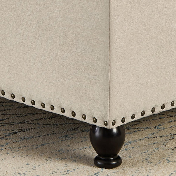 English Elm Large Tufted Faux Leather Storage Ottoman with Brass Nail Trim and Spindle Legs Beige W2186142955