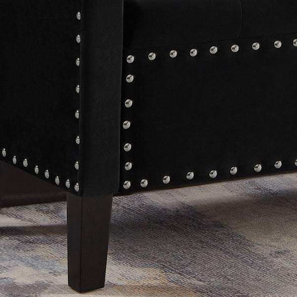 English Elm Upholstered Velvet Storage Bench Tufted Seat Nailhead Trim Armrests Entryway Bedroom Black W2186139086