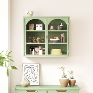 English Elm 27.56"Glass Modern Two-Door Wall Cabinet Green with Tempered Glass, Three-Tier Storage & Woven Detail W757135228