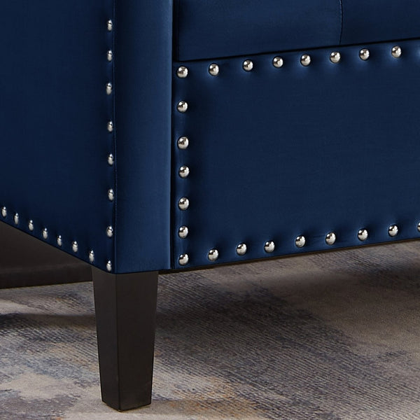 English Elm Upholstered Velvet Storage Bench Tufted Seat Nailhead Trim Armrests Entryway Bedroom Navy W2186139088