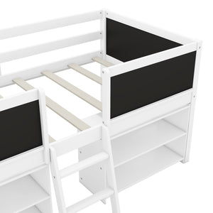 English Elm Twin Low Loft Bed with Built-In Ladder, Two Movable Shelves and Chalkboard Guardrail, Pine Frame Durable Design White WF312180AAK