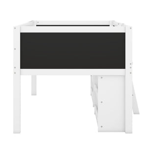 English Elm Twin Low Loft Bed with Built-In Ladder, Two Movable Shelves and Chalkboard Guardrail, Pine Frame Durable Design White WF312180AAK