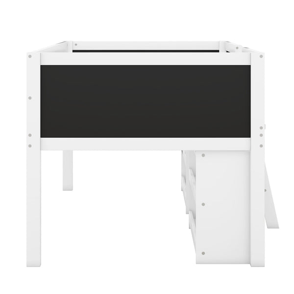 English Elm Twin Low Loft Bed with Built-In Ladder, Two Movable Shelves and Chalkboard Guardrail, Pine Frame Durable Design White WF312180AAK