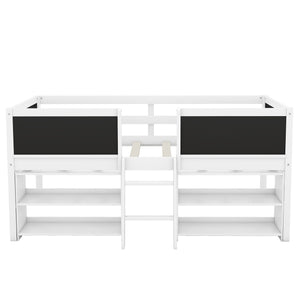 English Elm Twin Low Loft Bed with Built-In Ladder, Two Movable Shelves and Chalkboard Guardrail, Pine Frame Durable Design White WF312180AAK