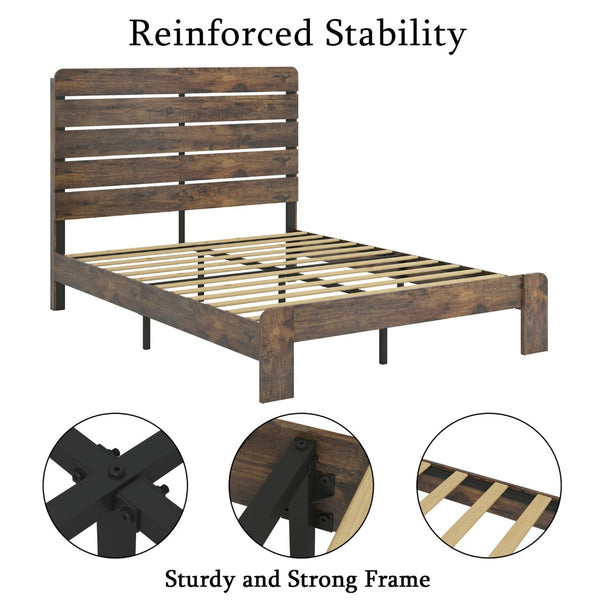 English Elm Bed Frame Full Size Wood Platform with Mdf Headboard Metal Base Under Storage W636P351764