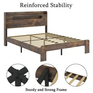 English Elm Bed Frame Full Platform with Led Headboard Usb Charging Wood Slats Under Storage W636131366