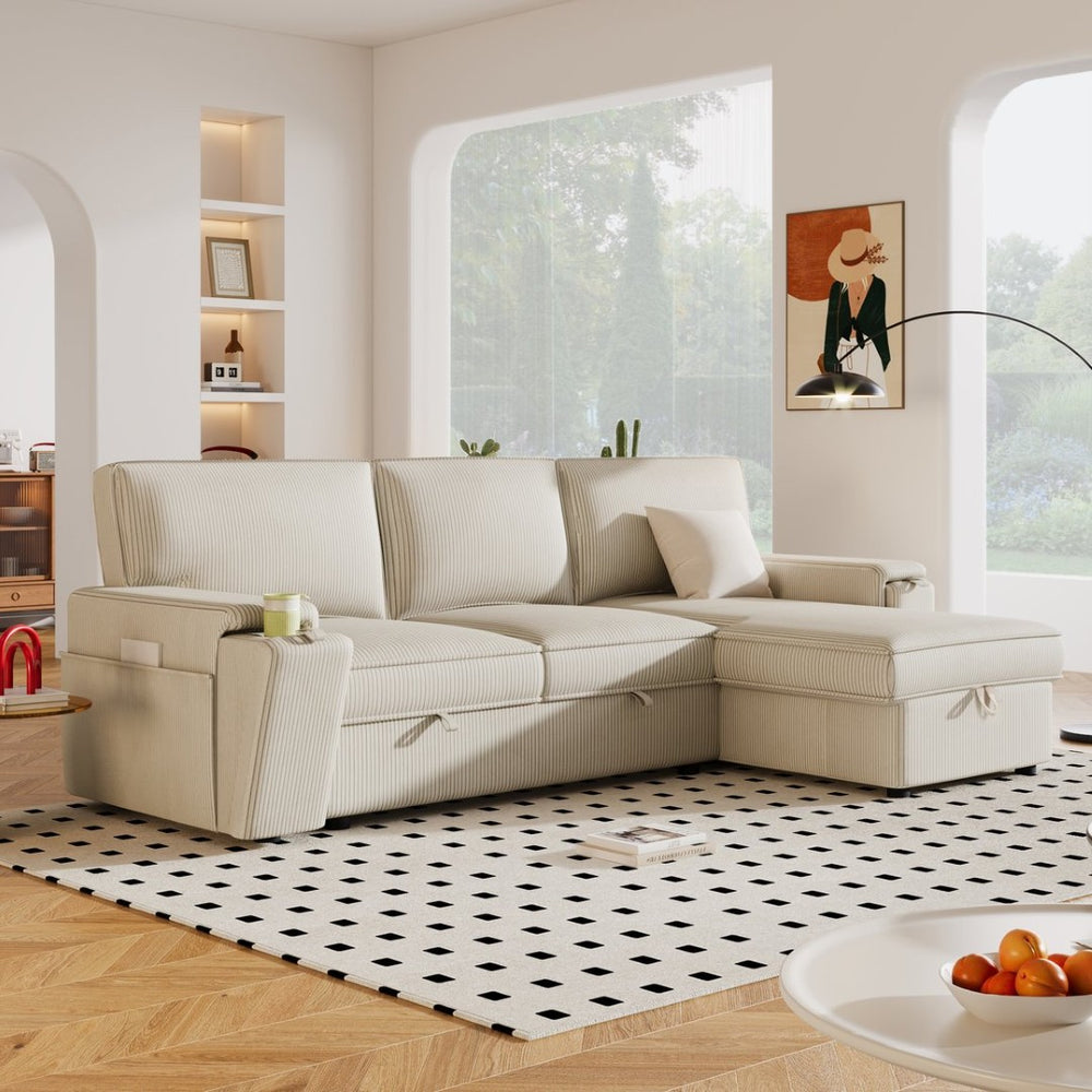 English Elm U_style Sleeper Sectional Sofa with Fold Out Twin Bed Cup Holders and Armrest Pockets Beige WY000372AAA