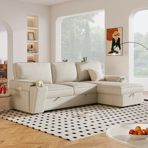 English Elm U_style Sleeper Sectional Sofa with Fold Out Twin Bed Cup Holders and Armrest Pockets Beige WY000372AAA