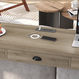 English Elm 3-Drawer Long Dining Table Set with Power Outlets, Swivel PU Stools, Shell Handles & Storage Elegance Black W757134230