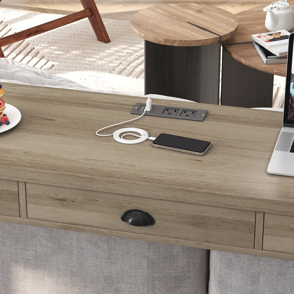 English Elm 3-Drawer Long Dining Table Set with Power Outlets, Swivel PU Stools, Shell Handles & Storage Elegance Black W757134230