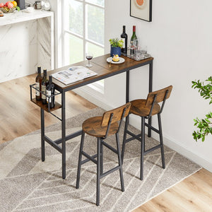 English Elm Bar Rustic Brown Bar Table Set with 3 Foldable Wine Bottle Rack, 2 Stools, Backrest, Space-Saving Design W116294391