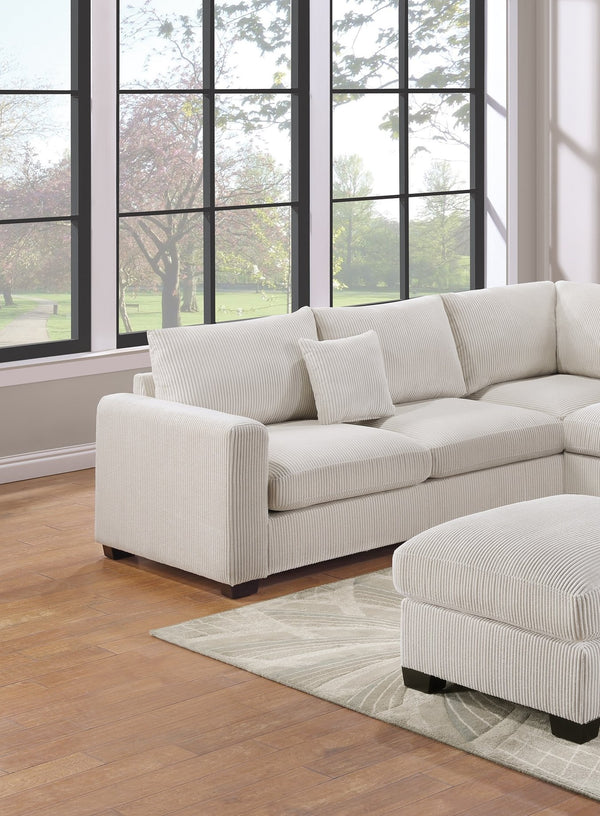 English Elm L-Sectional Plush Corduroy 4-Piece Sofa Set with Ottoman and Pillows — Modern Neutral Gathering Hub Ivory 60 L x 35 W x 18 H B011S00673