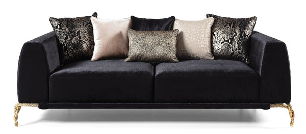 English Elm Majestic Modern Luxury Sofa in Shiny Black Velvet with Gold Accents, Sculpted Back & Patterned Legs B009P151406