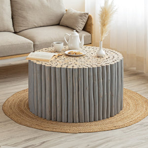 English Elm T1009 Handcrafted Round Coffee Table with Carved Wood Top, Modern Rustic Charm for Living Rooms Grey B009140746