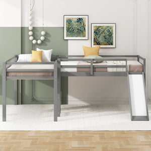 English Elm L-Shaped Twin Loft Bed with Slide and Wide Ladder — Solid Pine & MDF, Corner-Saving Space-Smart Design Gray GX000242AAE-1