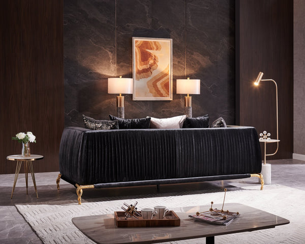 English Elm Majestic Modern Luxury Sofa in Shiny Black Velvet with Gold Accents, Sculpted Back & Patterned Legs B009P151406