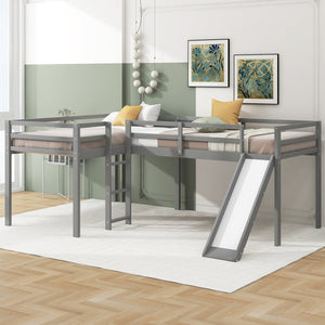 English Elm L-Shaped Twin Loft Bed with Slide and Wide Ladder — Solid Pine & MDF, Corner-Saving Space-Smart Design Gray GX000242AAE-1