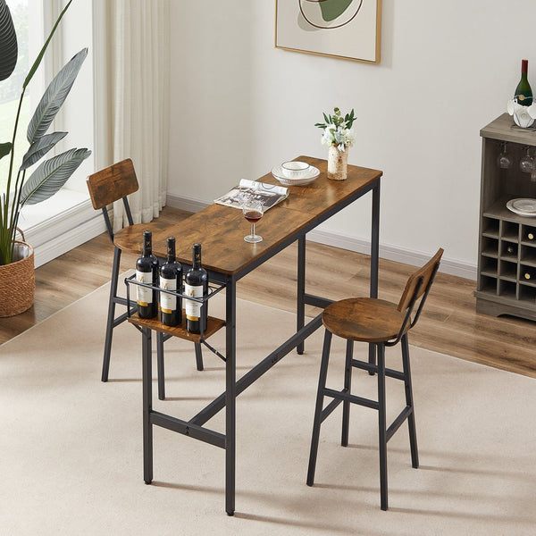 English Elm Bar Rustic Brown Bar Table Set with 3 Foldable Wine Bottle Rack, 2 Stools, Backrest, Space-Saving Design W116294391