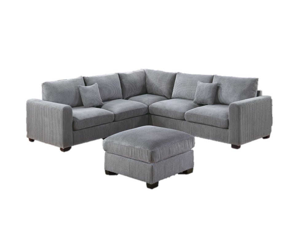 English Elm L-Sectional Plush Corduroy 4-Piece Sofa Set with Ottoman and Pillows — Modern Neutral Gathering Hub Fog 60 L x 35 W x 18 H B011S00672