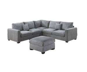 English Elm L-Sectional Plush Corduroy 4-Piece Sofa Set with Ottoman and Pillows — Modern Neutral Gathering Hub Fog 60 L x 35 W x 18 H B011S00672