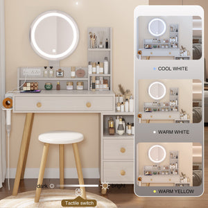 English Elm Round LED Vanity Table Set with Cushioned Stool, Awarded NY Design, 17" Touch Mirror, USB/ACPorts, Storage W936P146695