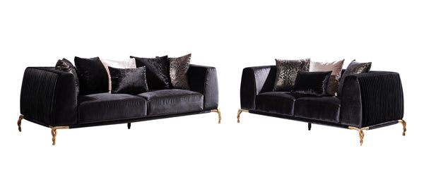 English Elm Majestic Modern Luxury Sofa in Shiny Black Velvet with Gold Accents, Sculpted Back & Patterned Legs B009P151406